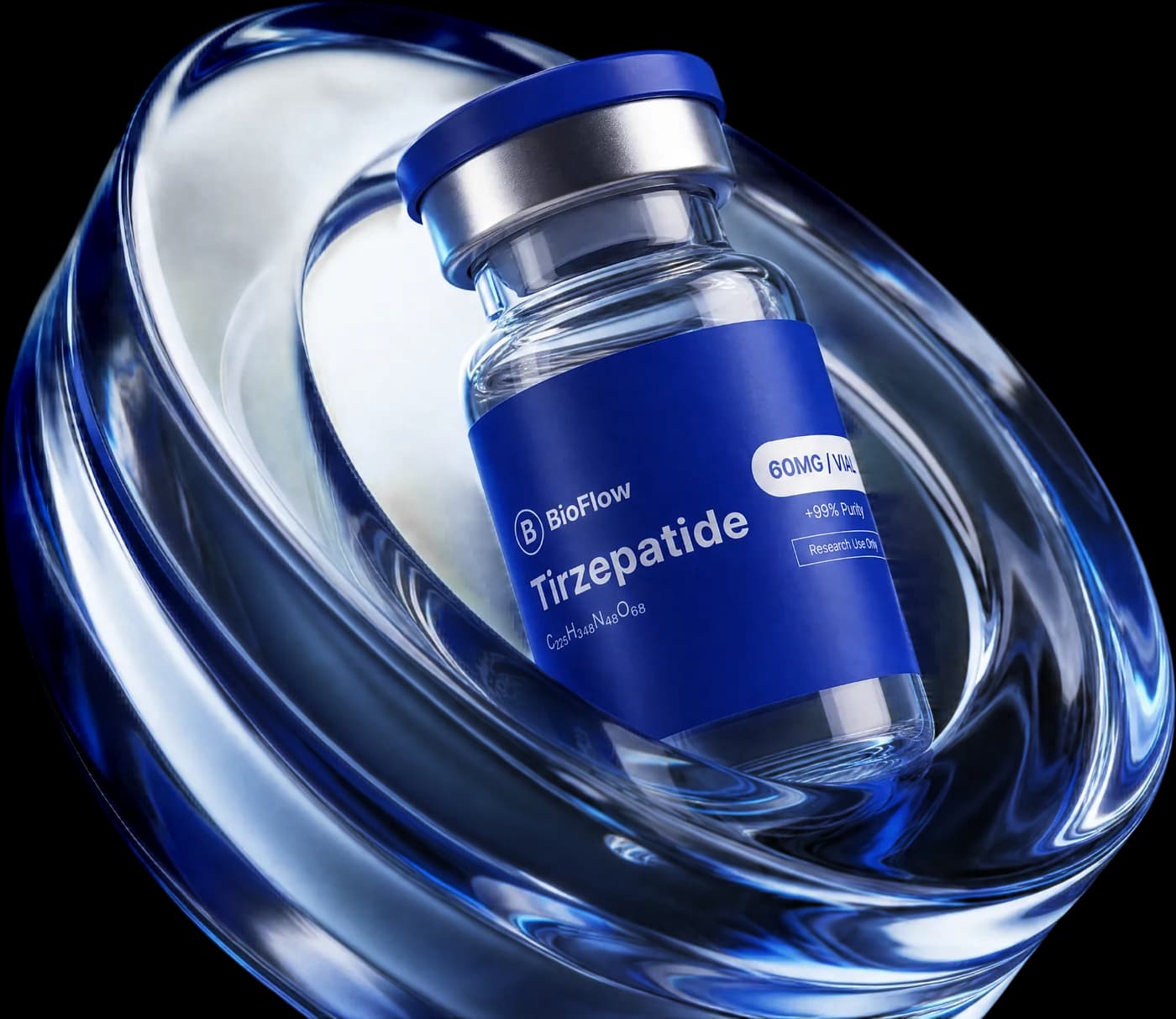 BioFlow Tirzepatide vial inside a glass ring