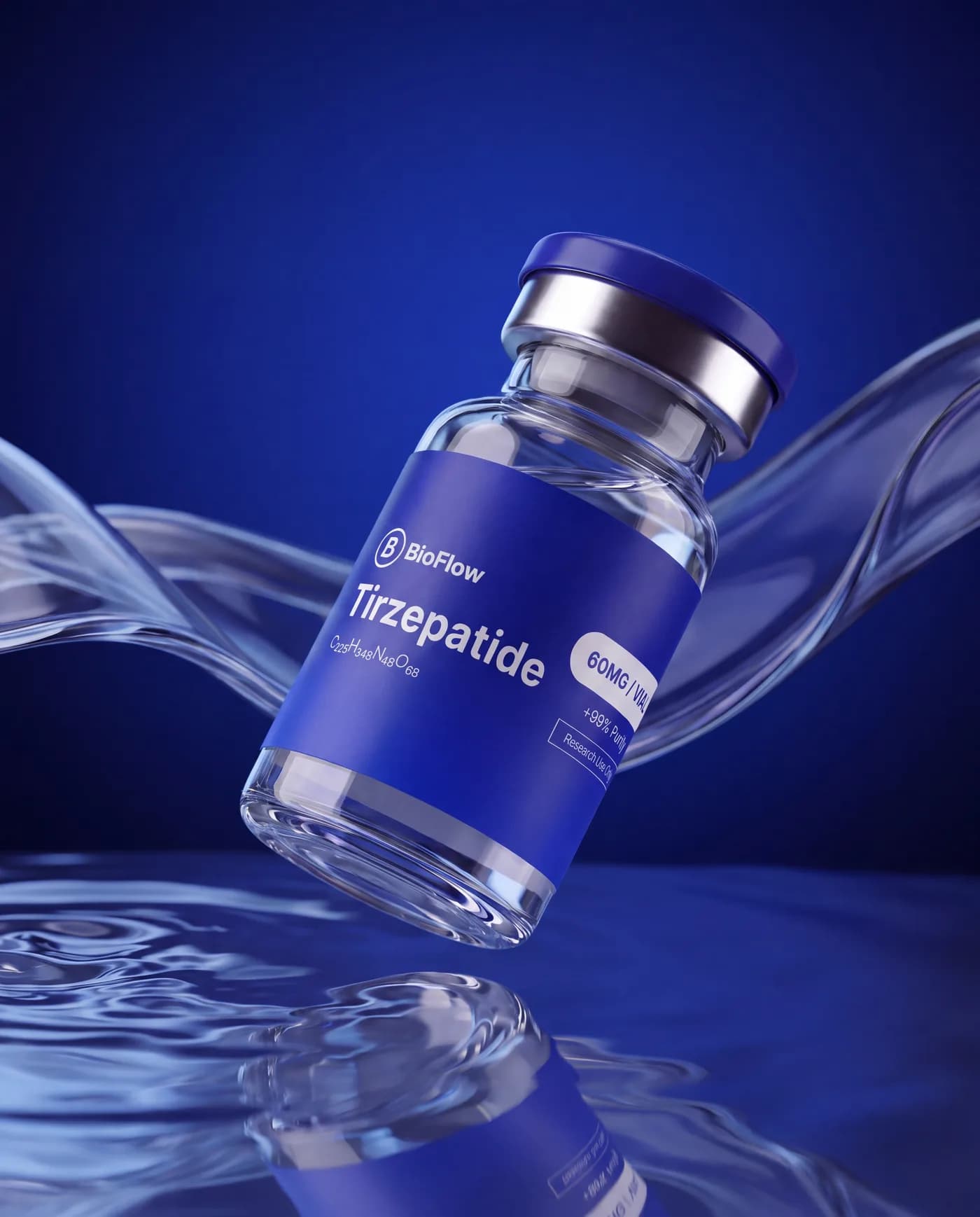 Tirzepatide vial by BioFlow above a water surface, editorial close-up